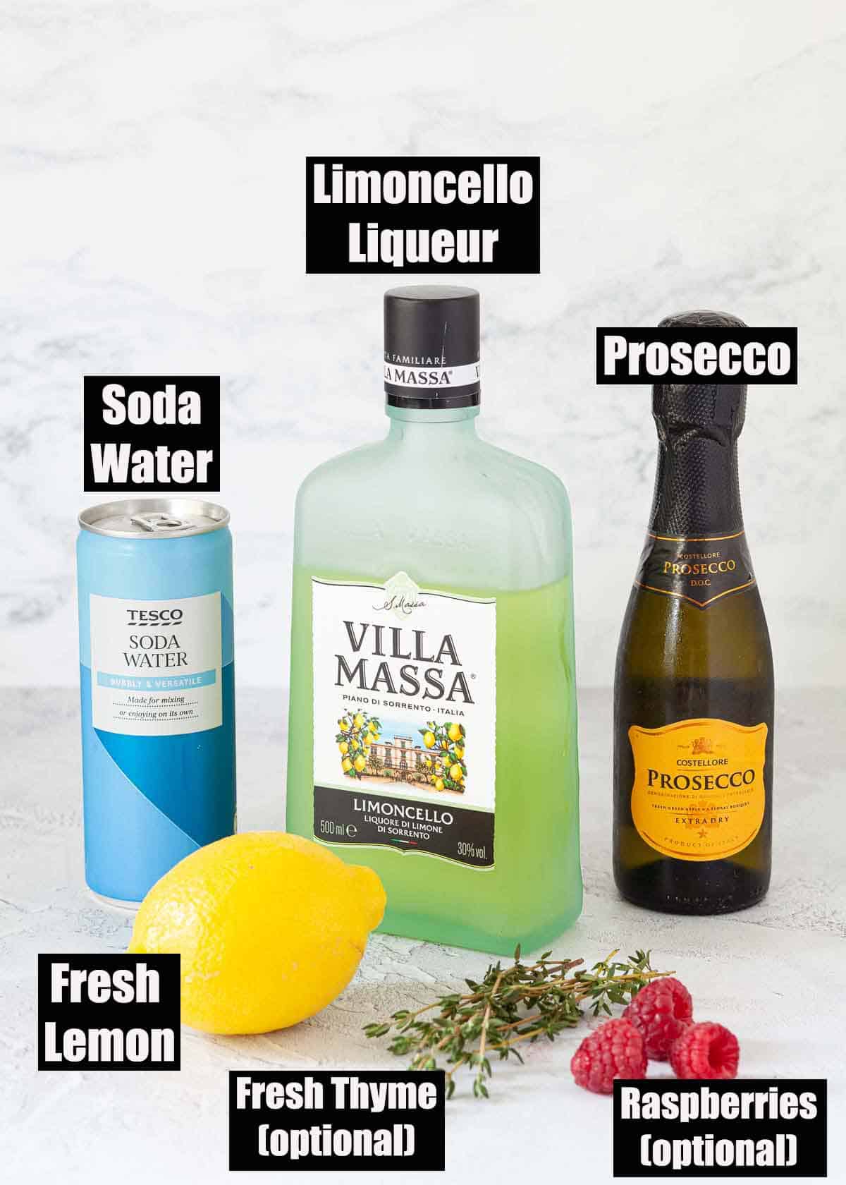 Labelled ingredients for a limoncello cocktail.