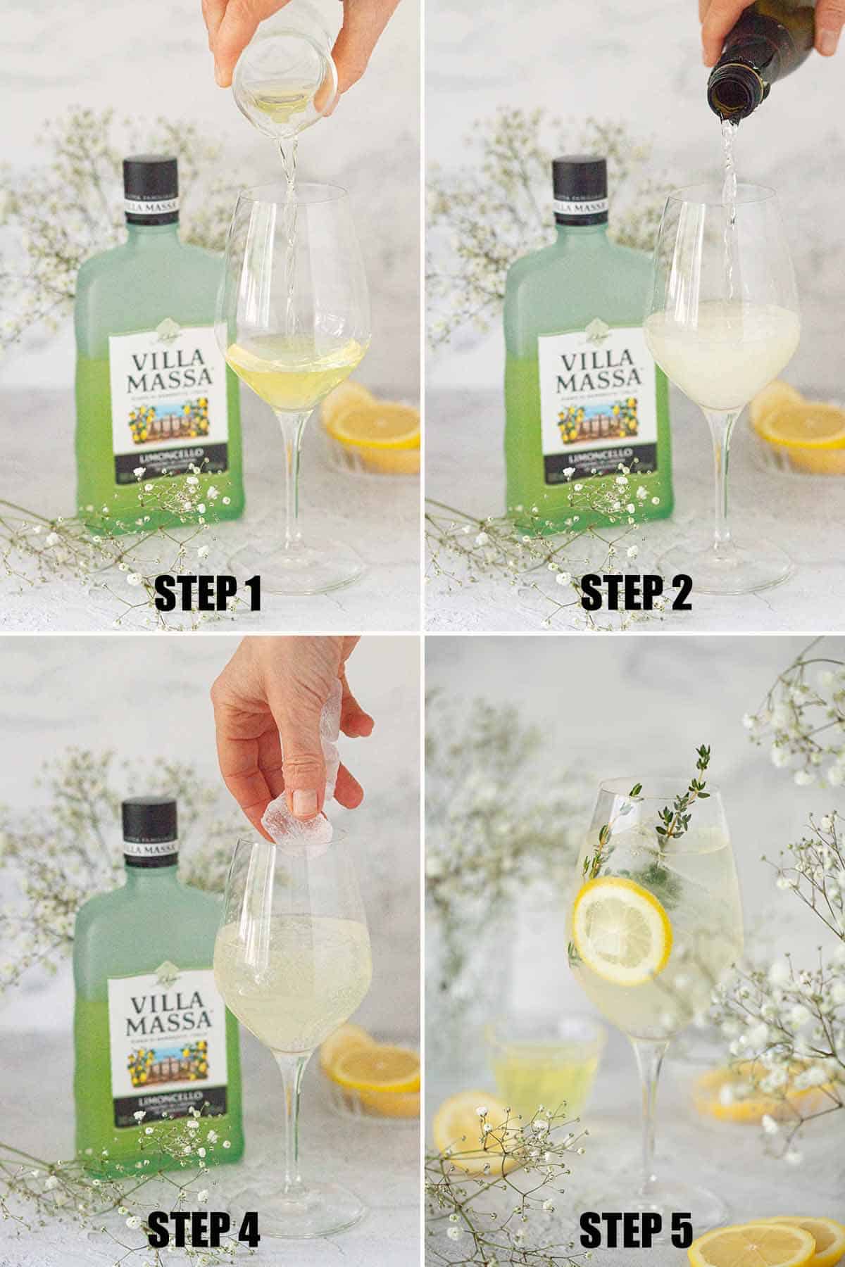 Collage of images showing a cocktail being made.