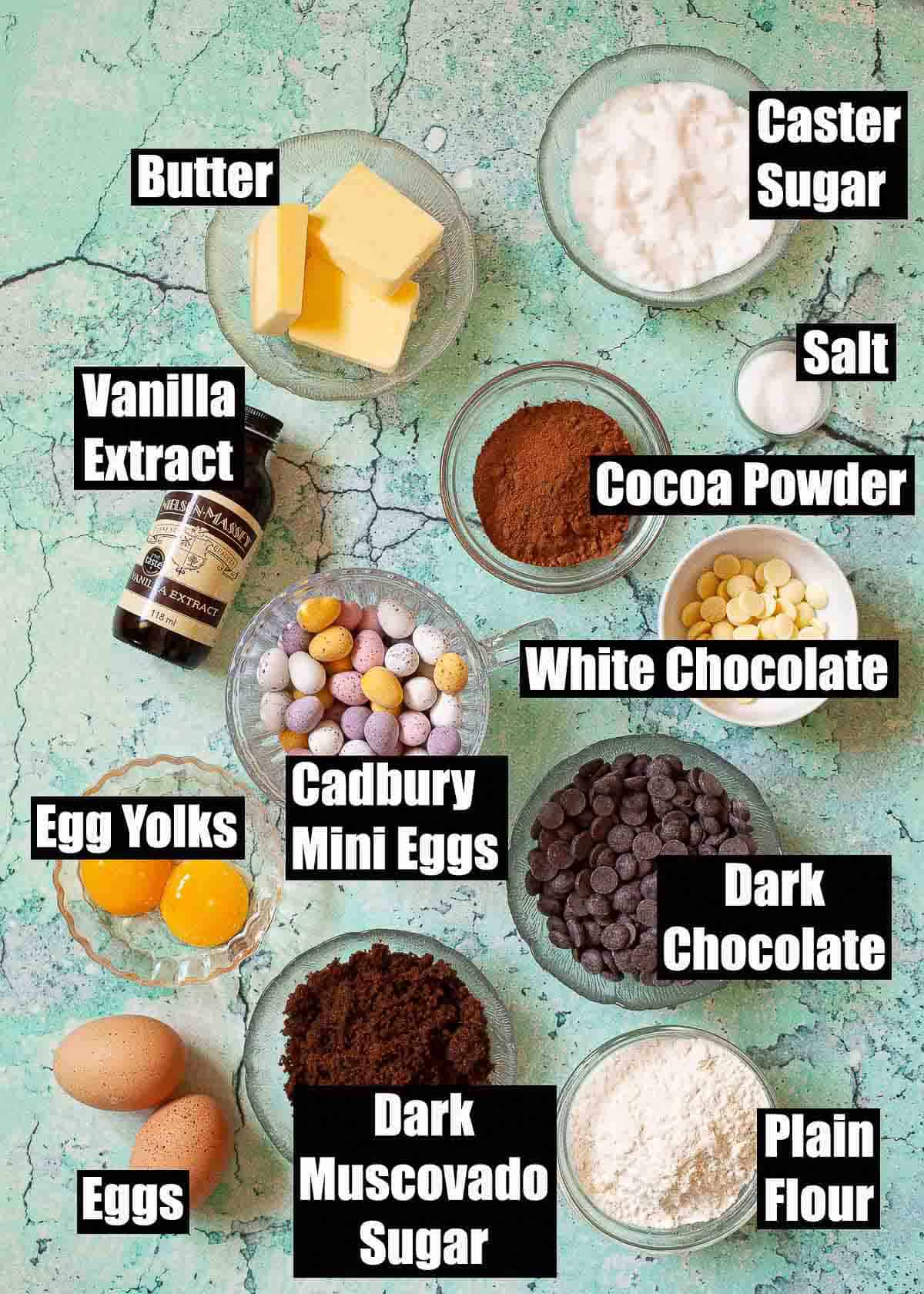 Labelled ingredients for Easter Egg brownies.