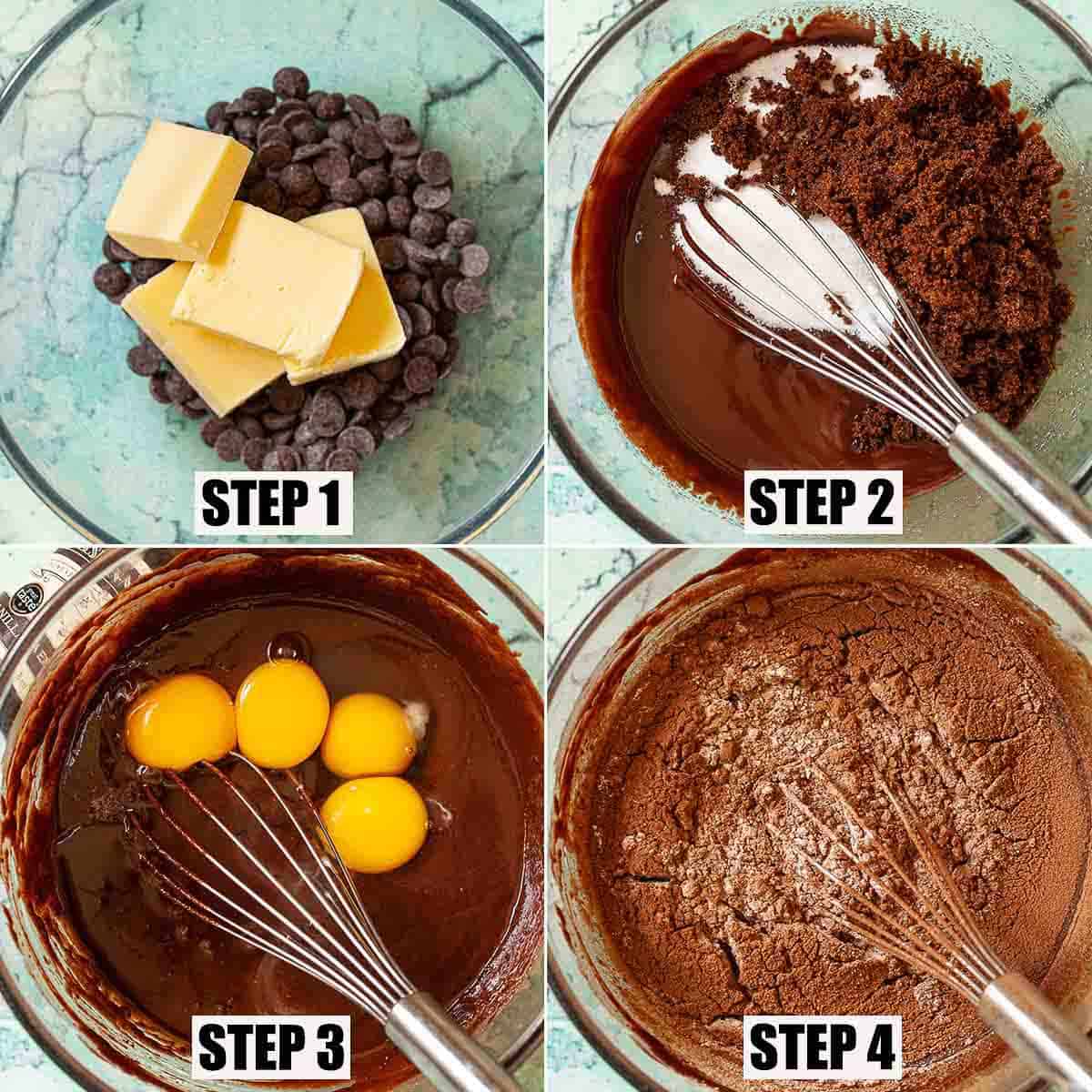 Collage of images showing chocolate traybake batter being made.