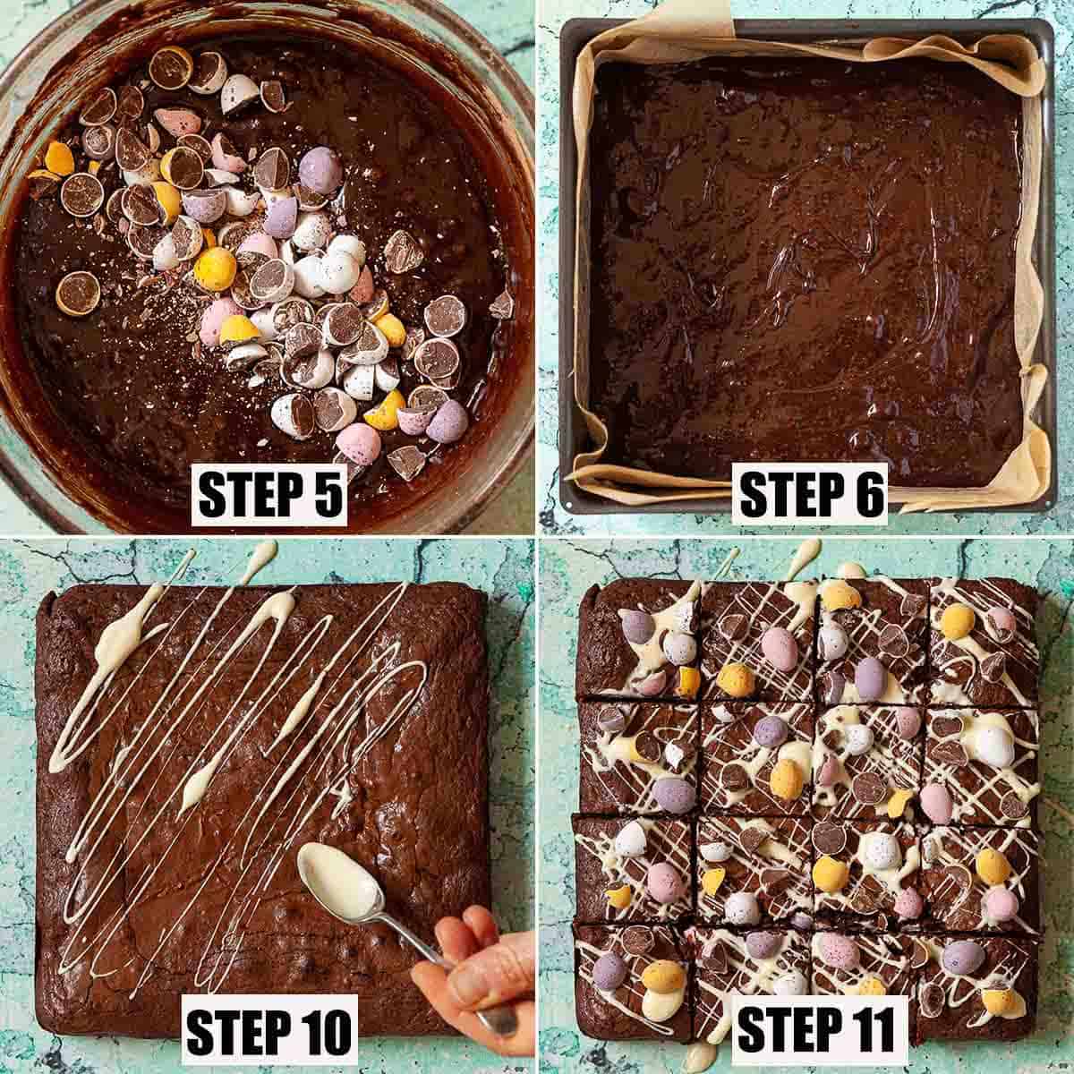 Collage of images showing Cadbury Mini Egg Brownies being made and decorated.