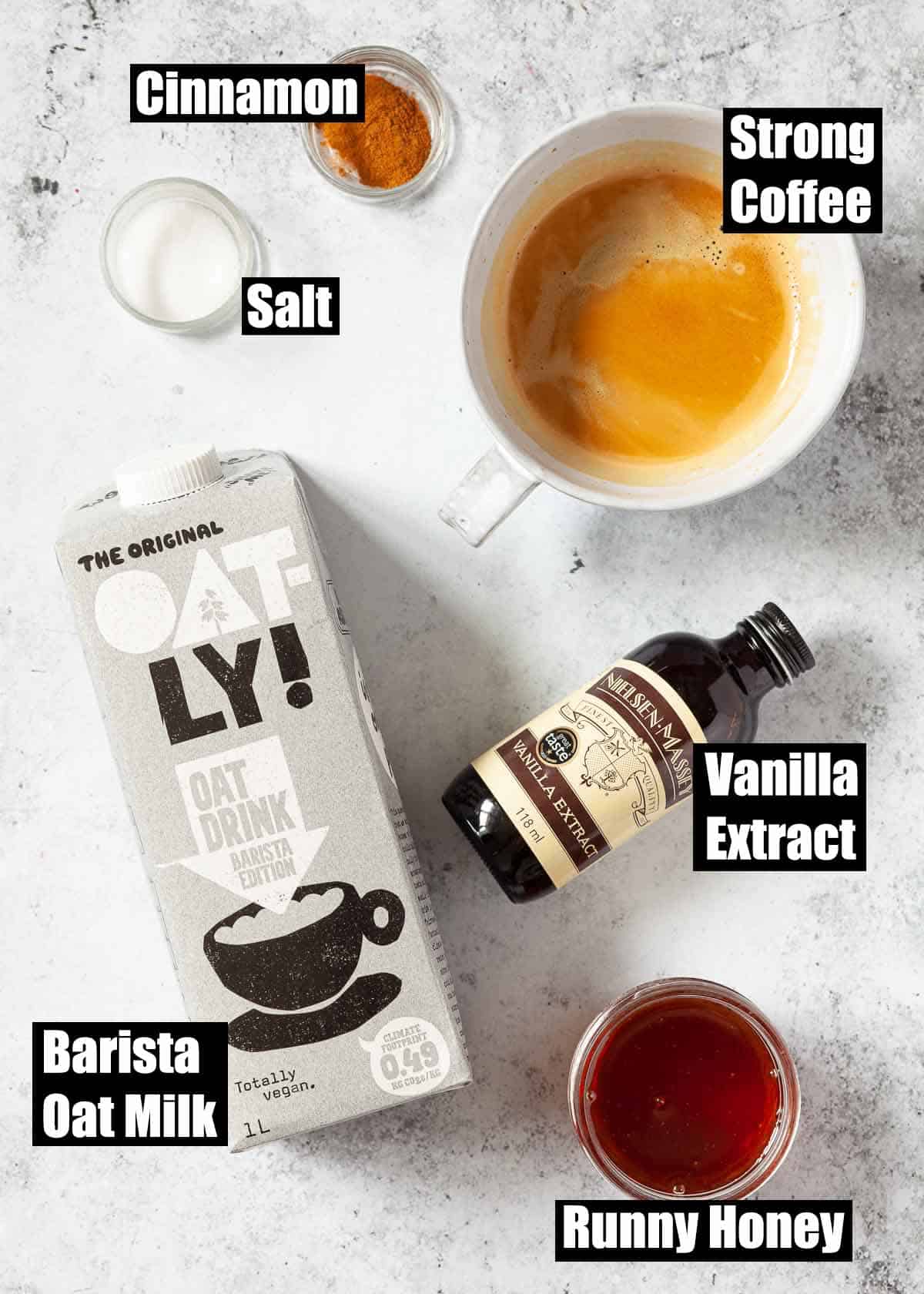 Labelled ingredients for a plant-based milky coffee drink.