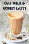 Labelled image of honey latte in a modern coffee glass.