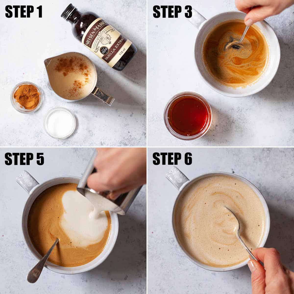 Collage of images showing a milky coffee drink being made.