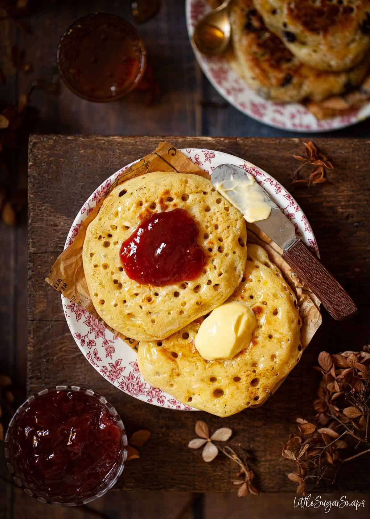 English pikelets topped with jam and butter.