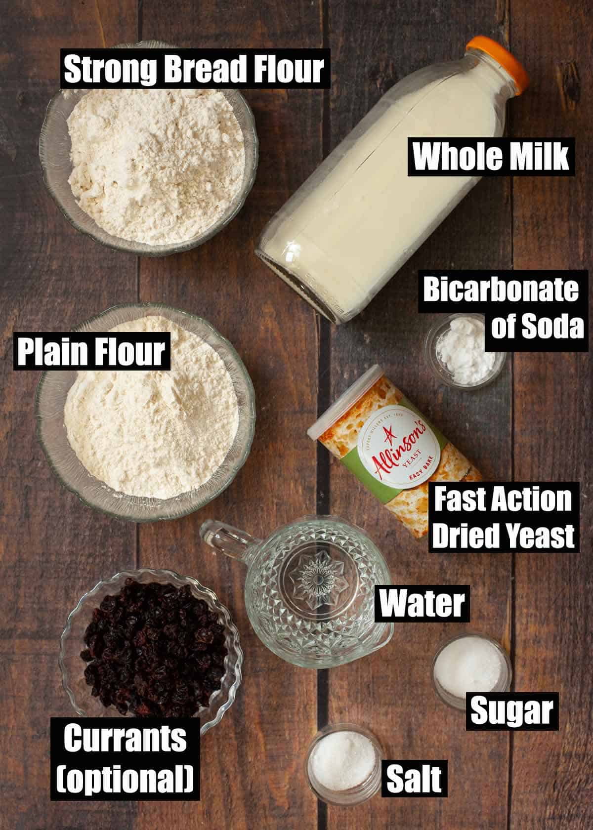 Labelled ingredients for English griddle bread batter.