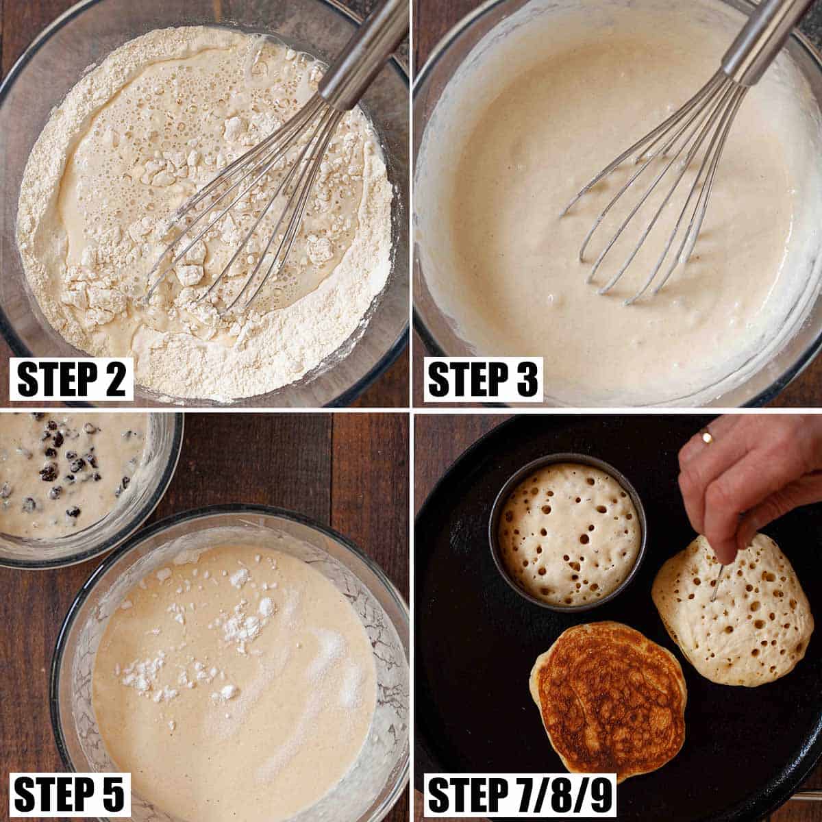 Collage of images showing griddle bread batter being made and cooked.