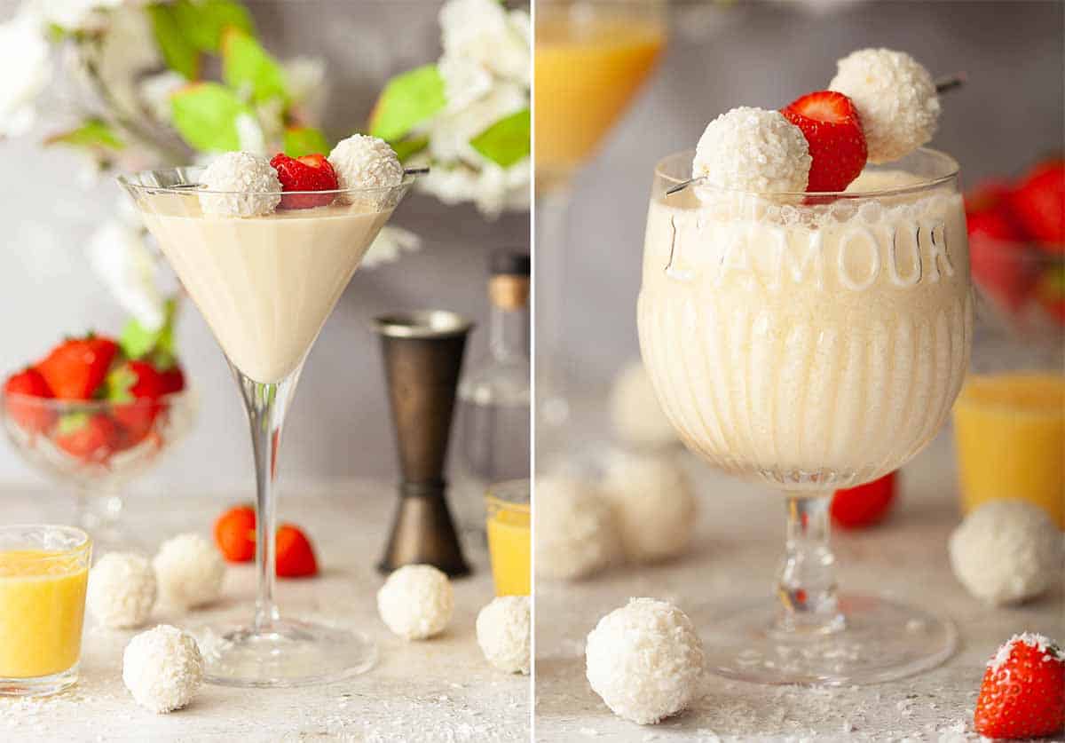Collage of images showing two versions of the rum fluffy duck cocktail recipe with advocaat.