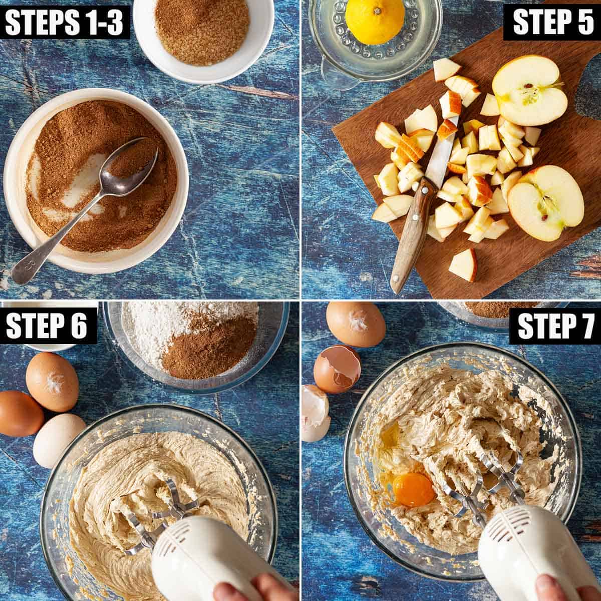 Collage of images showing ingredients for an apple sponge cake being prepared.