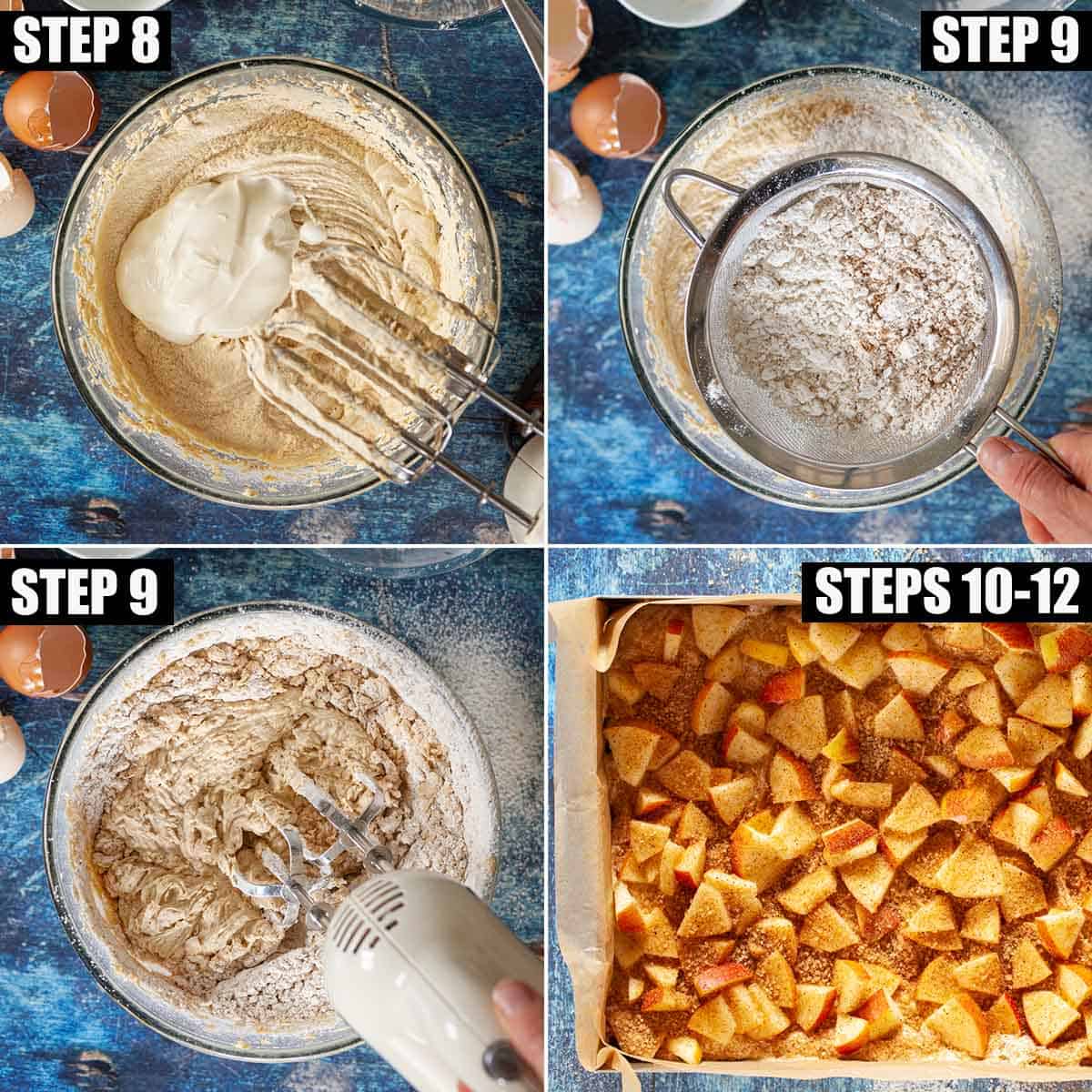 Collage of images showing cake batter being made and put in a tin with fruit on top.