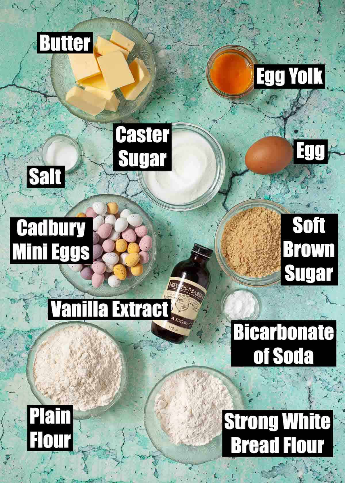 Labelled ingredients for Easter Egg cookies.