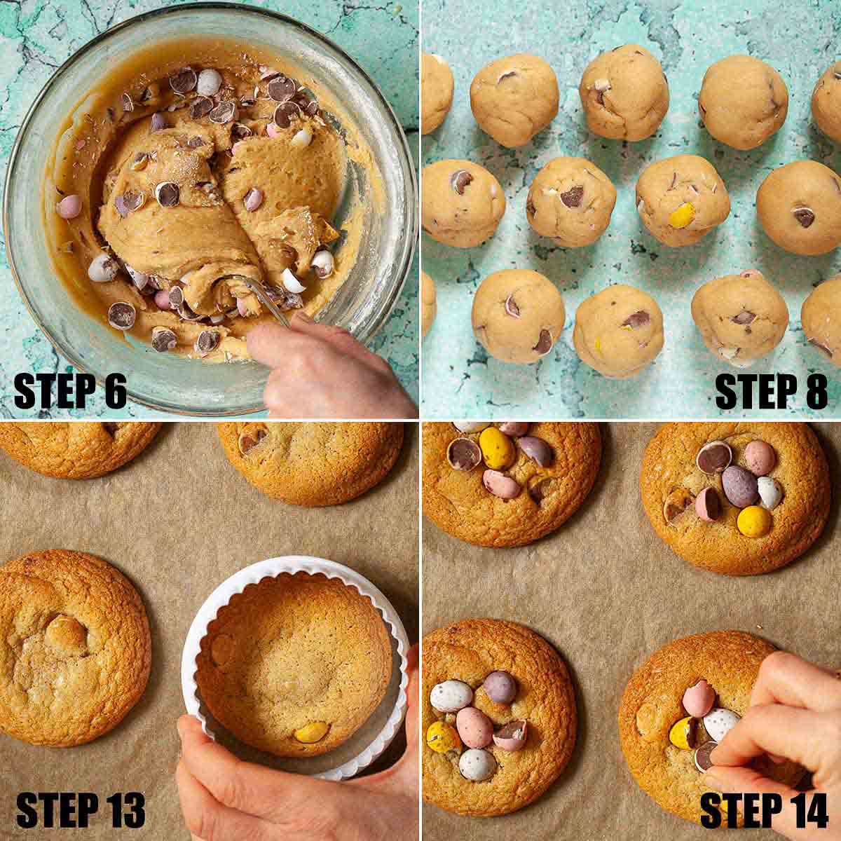 Collage of images showing Easter biscuits being mixed, rolled and decorated.