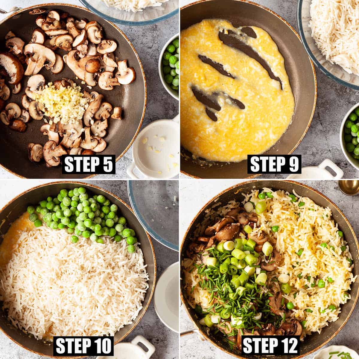 collage of images showing a stir-fried rice dish being made.