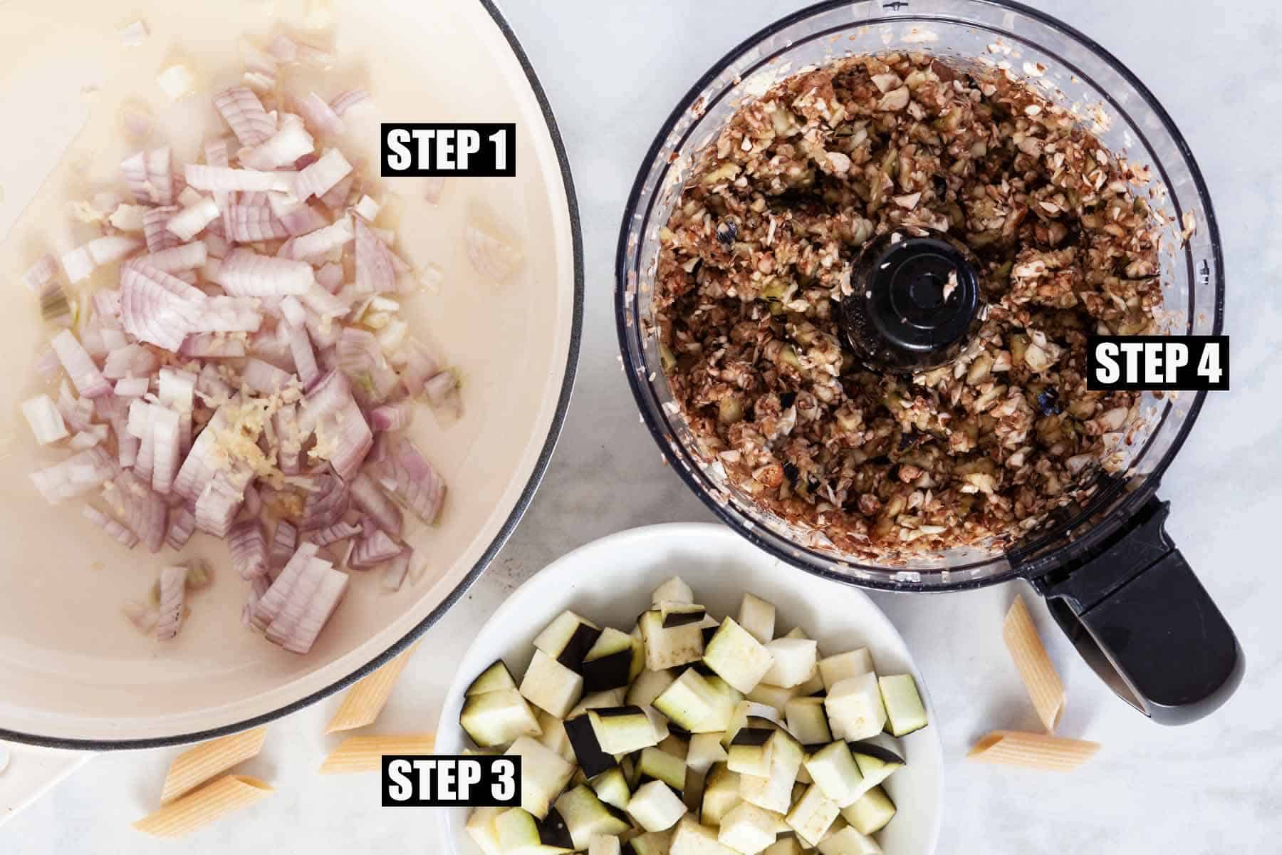 Labelled image showing vegetables being chopped and minced for an aubergine ragu.