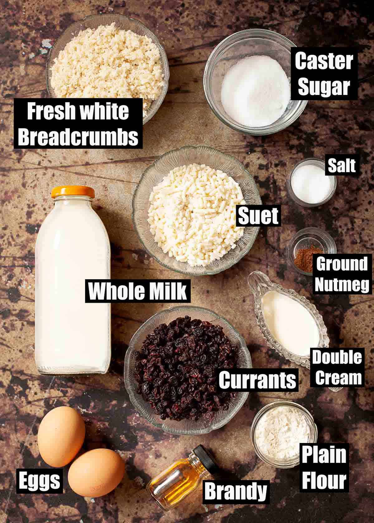 Labelled ingredients for Mansfield Pudding.