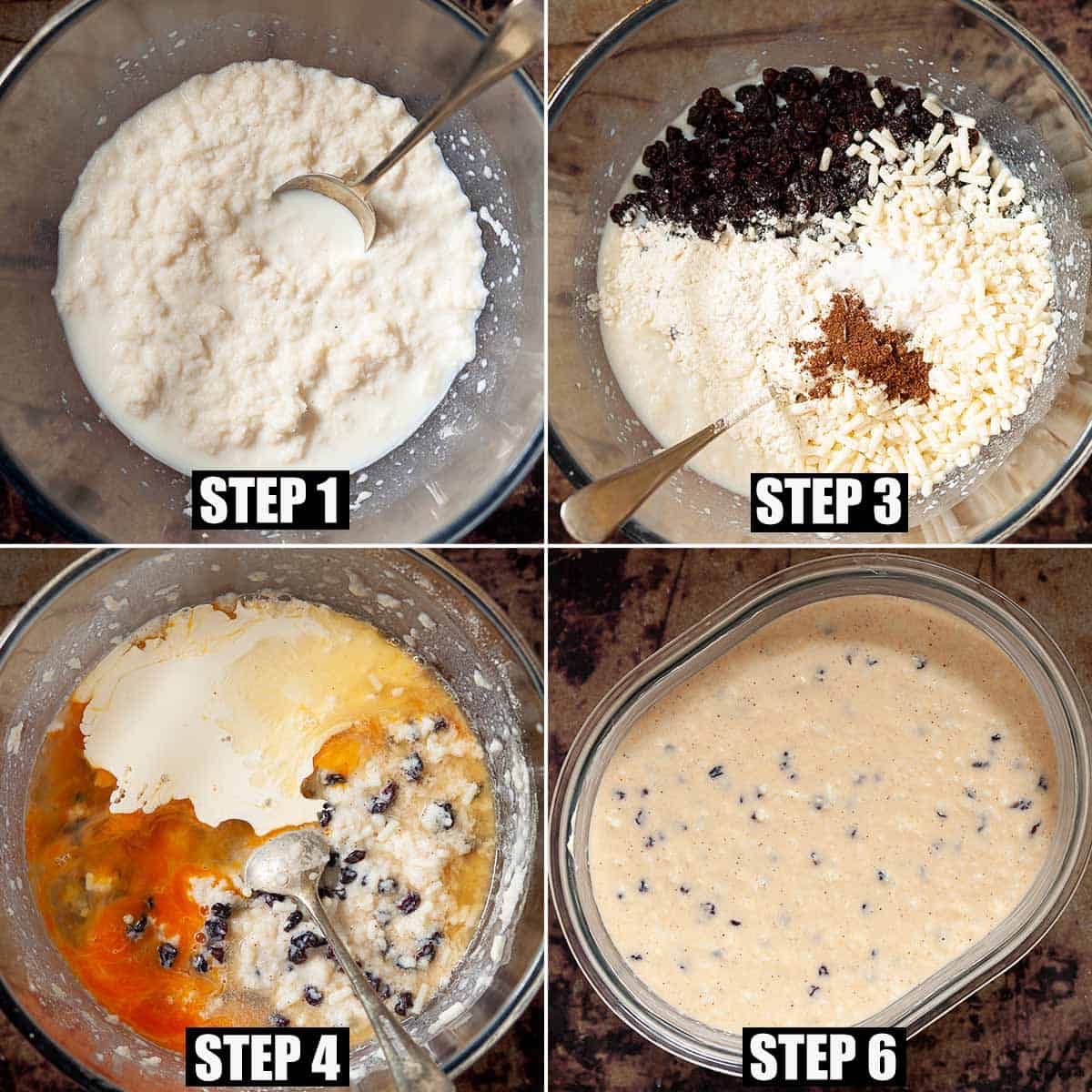 Collage of images showing an old-fashioned English dessert being made.