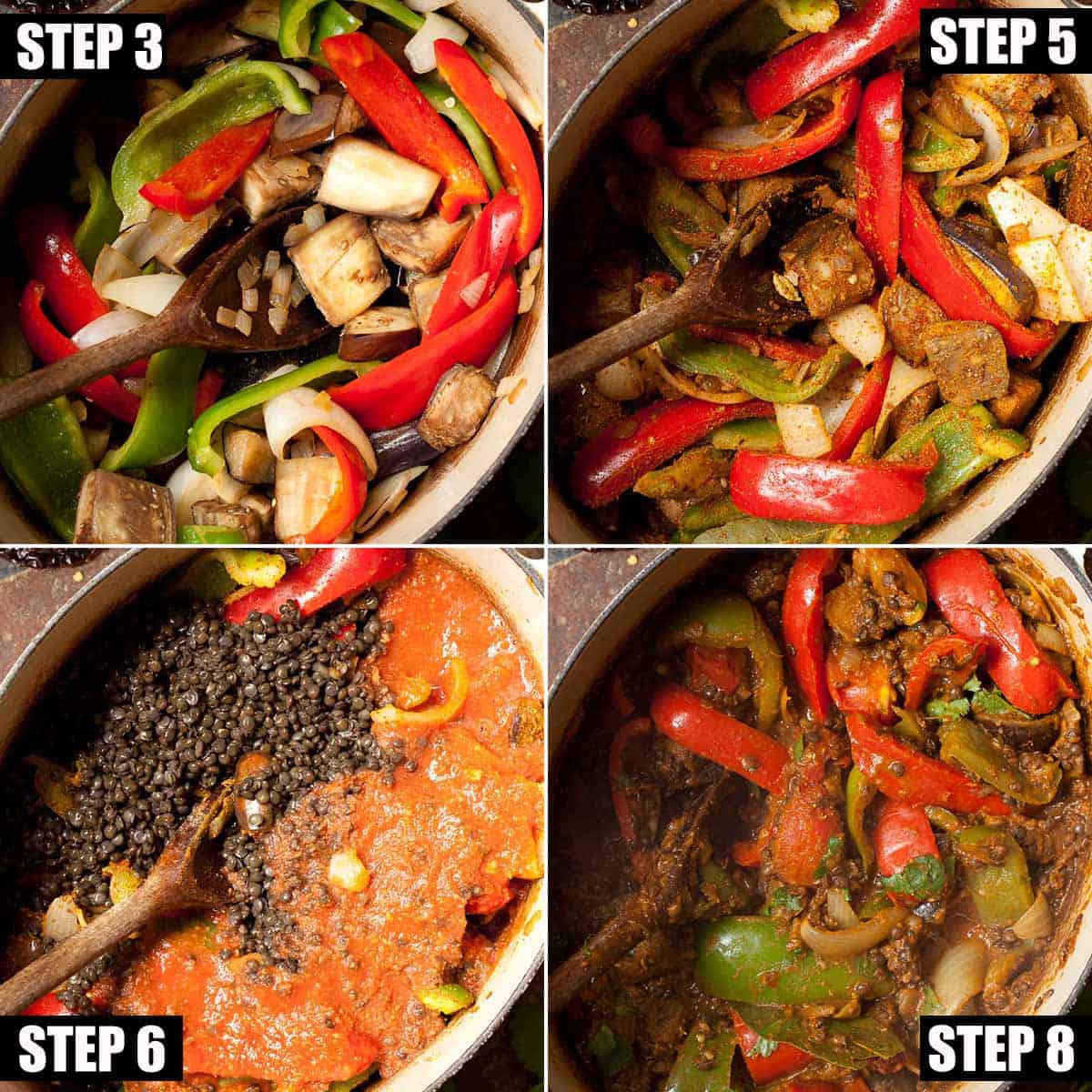 Collage of images showing a black lentil curry being made.