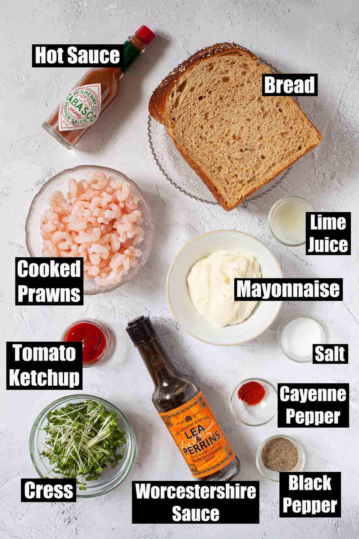 Labelled ingredients for a prawn cocktail sandwich.