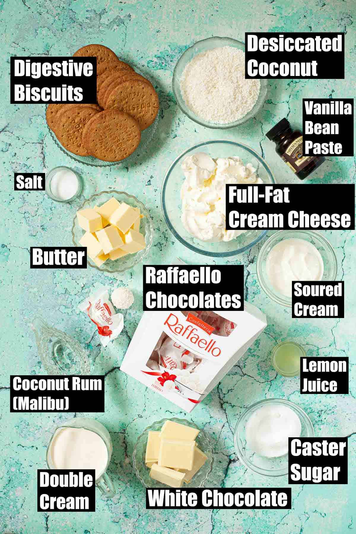 Labeled ingredients for a Raffaello dessert recipe with white chocolate and coconut.