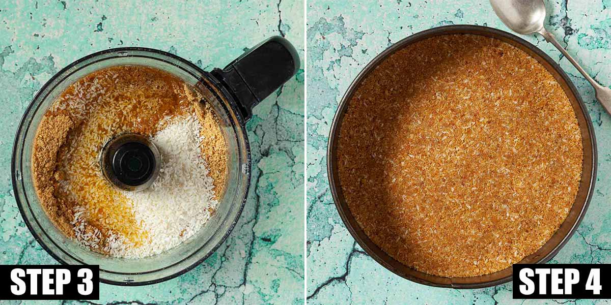 Collage of images showing a biscuit base for a cheesecake being prepared.