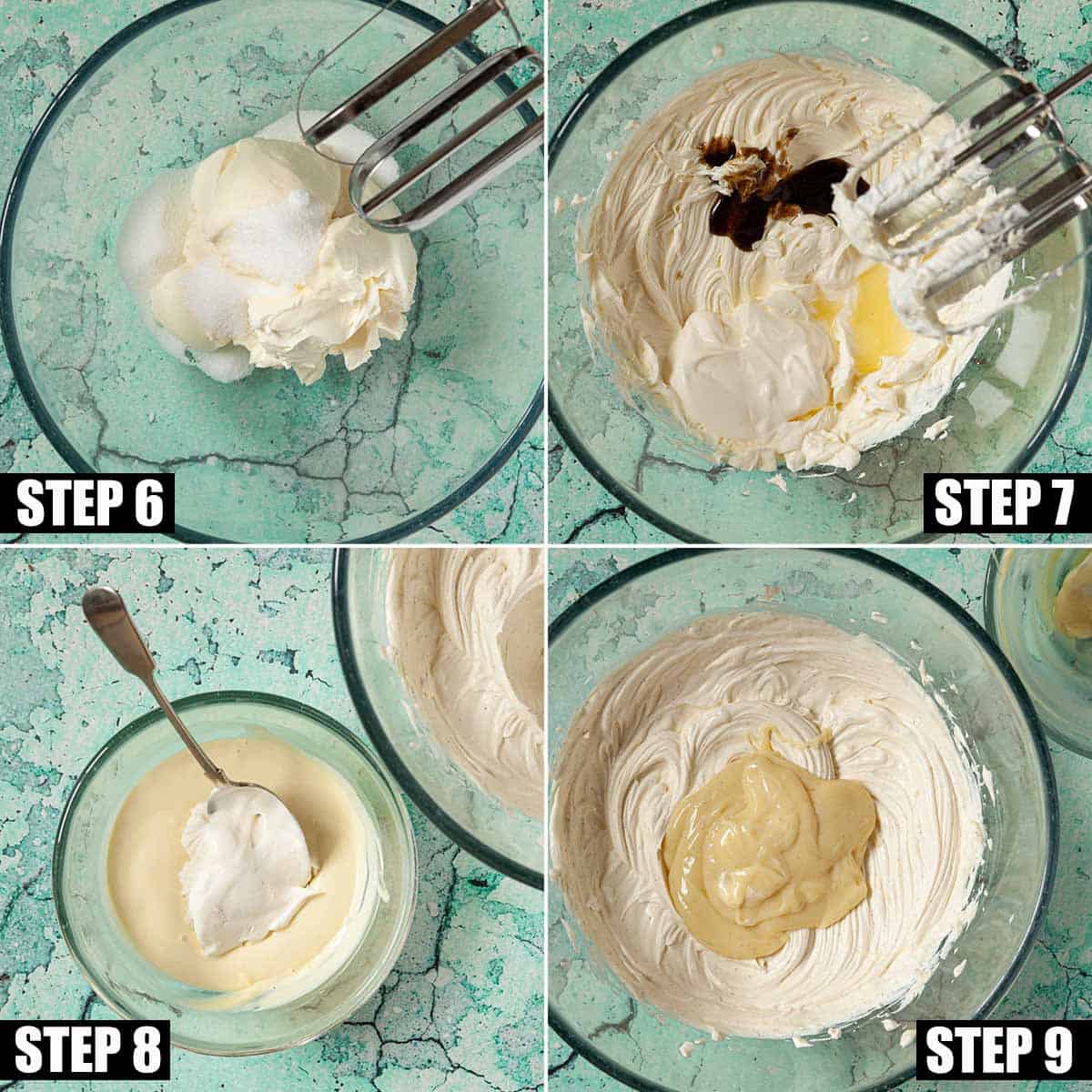 Collage of images showing cream cheese being mixed with other ingredients for a sweet dessert,