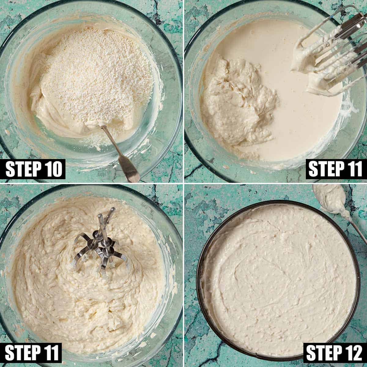 Collage of images showing a coconut dessert being prpared.
