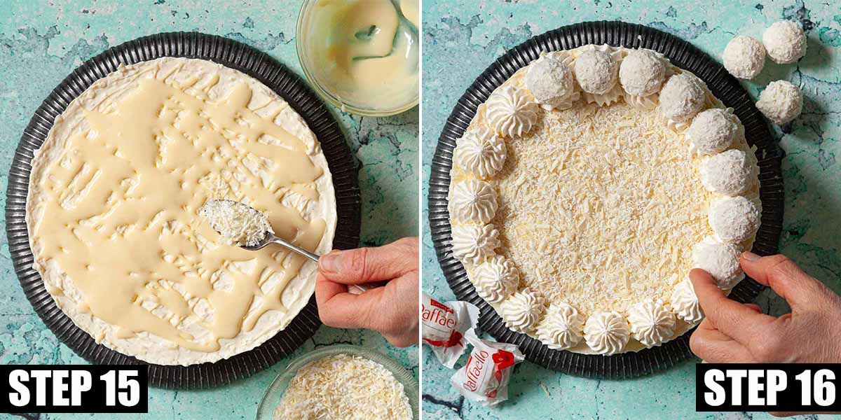 Collage of images showing a coconut cheesecake being decorated with chocolates.