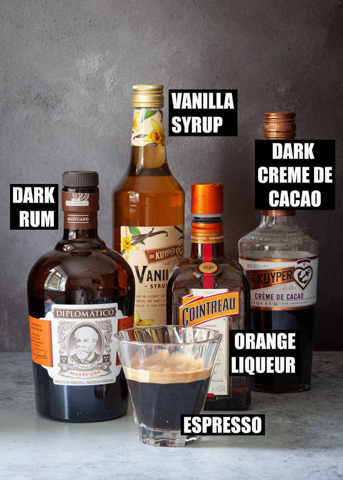 Labelled ingredients and a coffee cocktail.