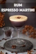 Labelled image of a rum espresso martini garnished with grated chocolate and coffee beans.