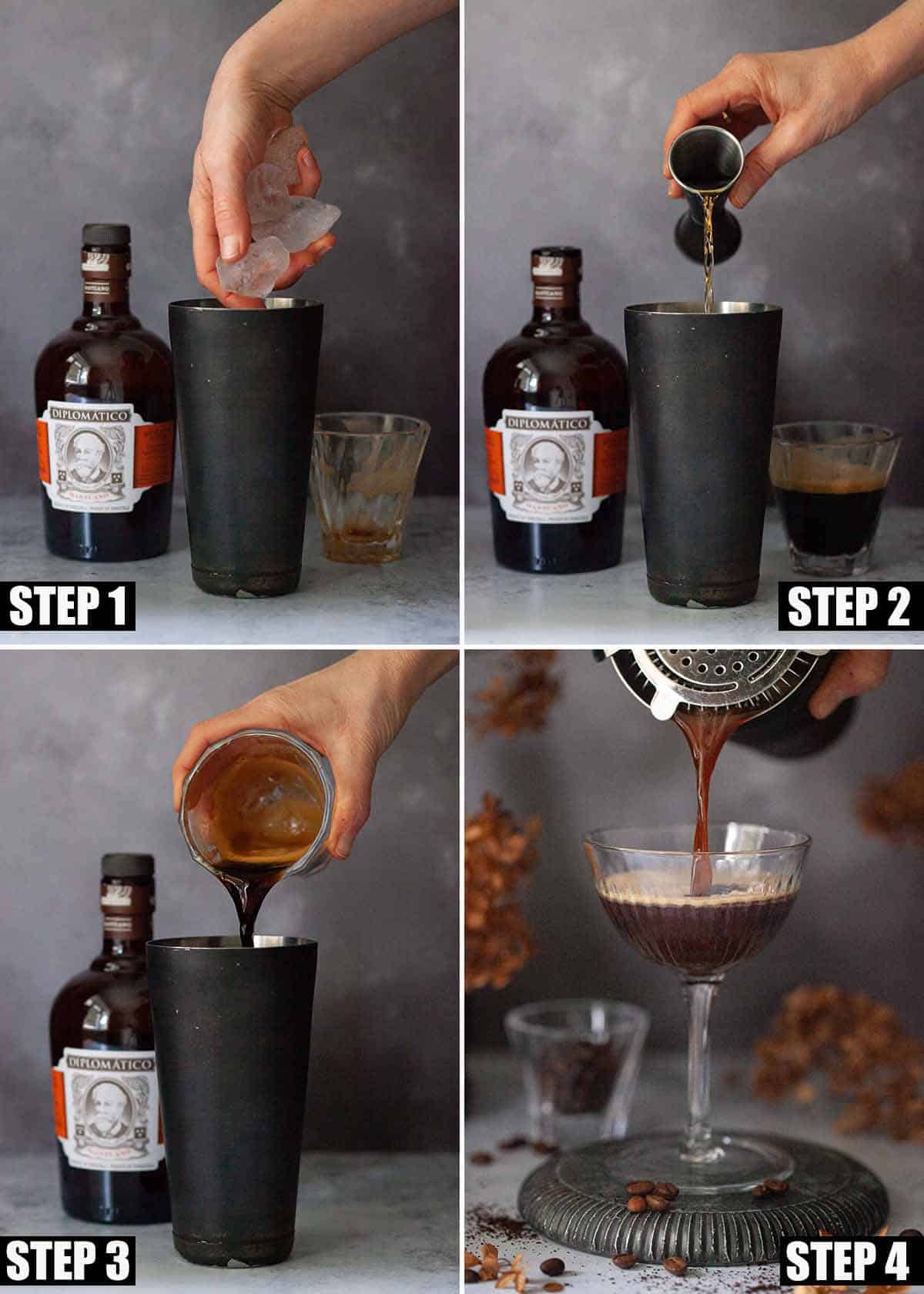 Collage of images showing a coffee cocktail being prepared.