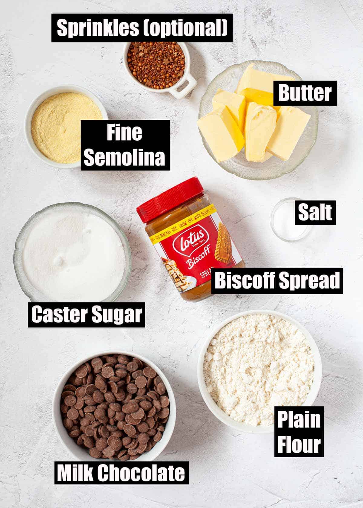 Ingredients for cheats millionaires shortbread with text lebels.