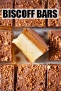 Biscoff bars with shortbread, Biscoff spread and chocolate topping with text overlay.