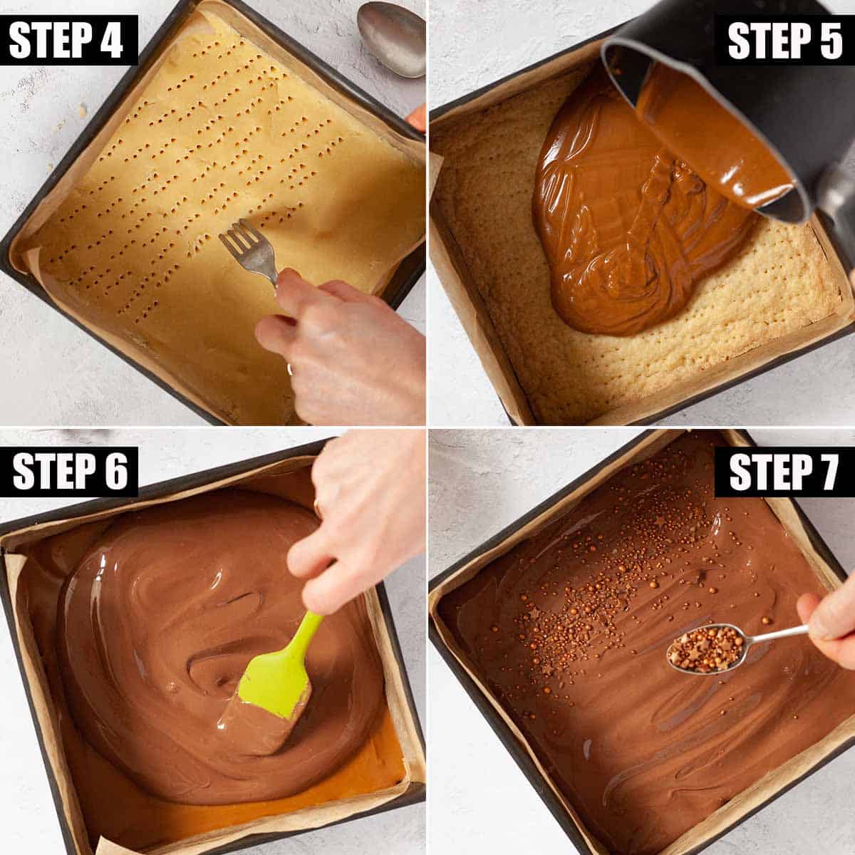 Collage of labeled image showing millionaire's shortbread being prepared.