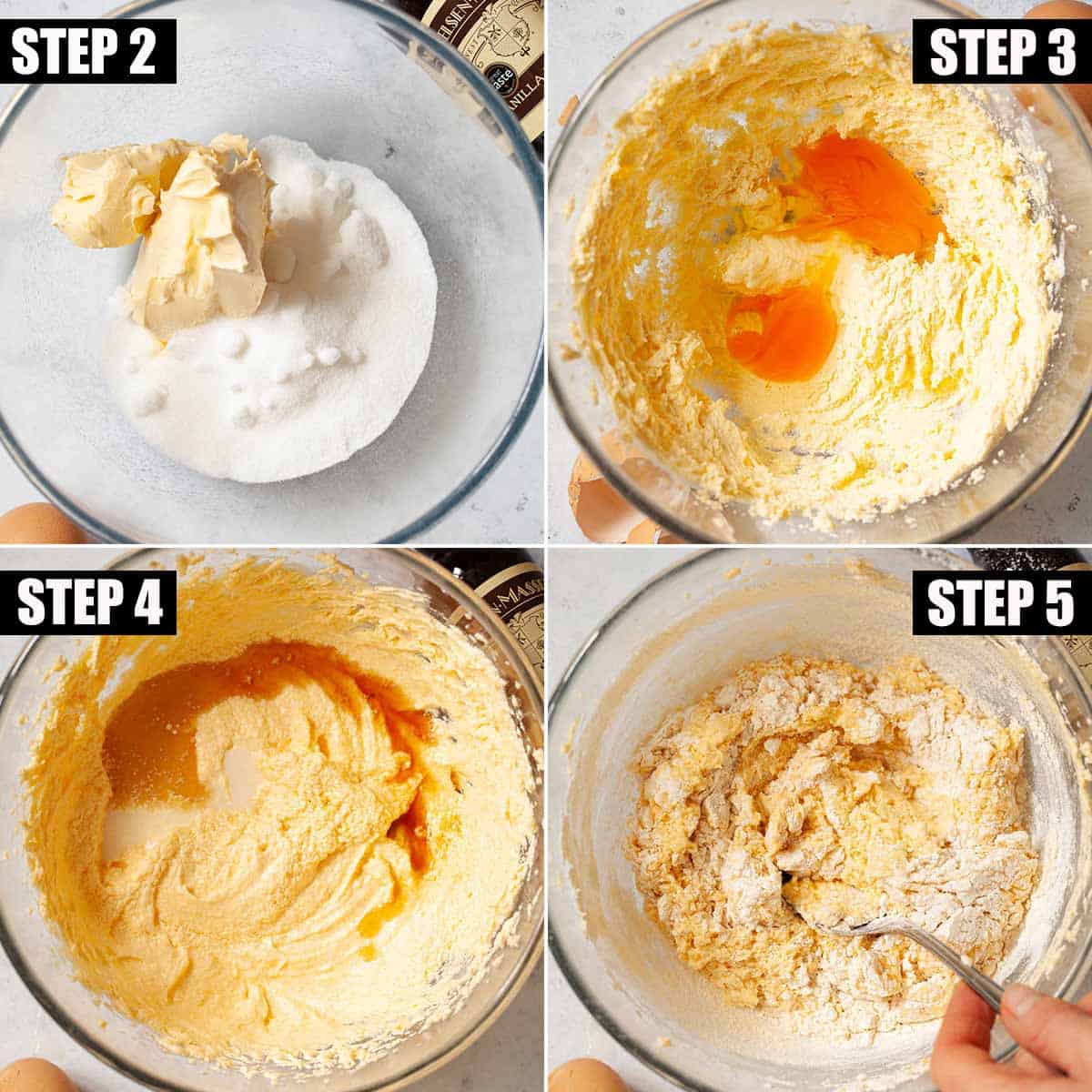 Collage of images showing sponge cake batter being made.