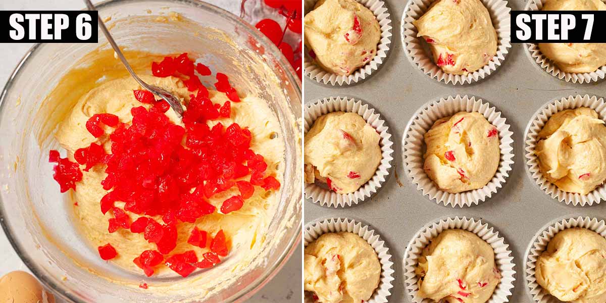 Collage of images showing cherry cake batter being mixed and put into baking cases.
