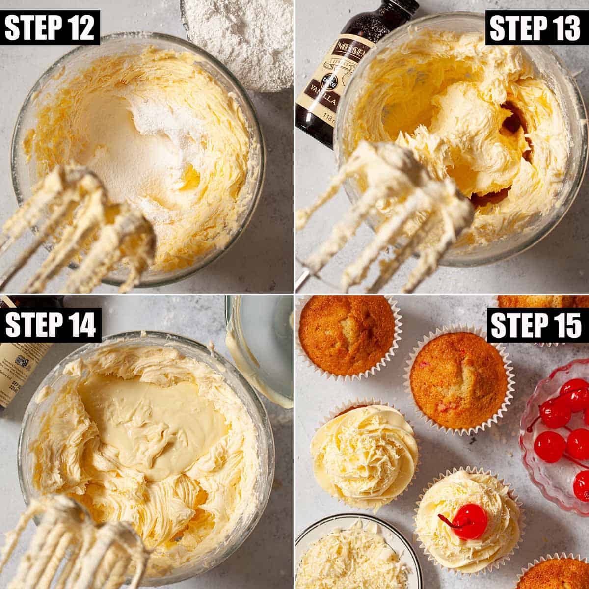Collage of images showing white chocolate buttercream being made and used to top small cakes.