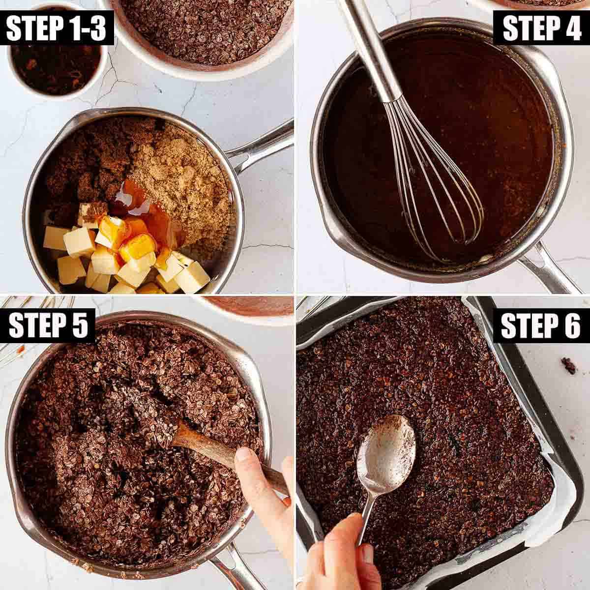 Image collage showing mixture for cocoa flapjacks being made.