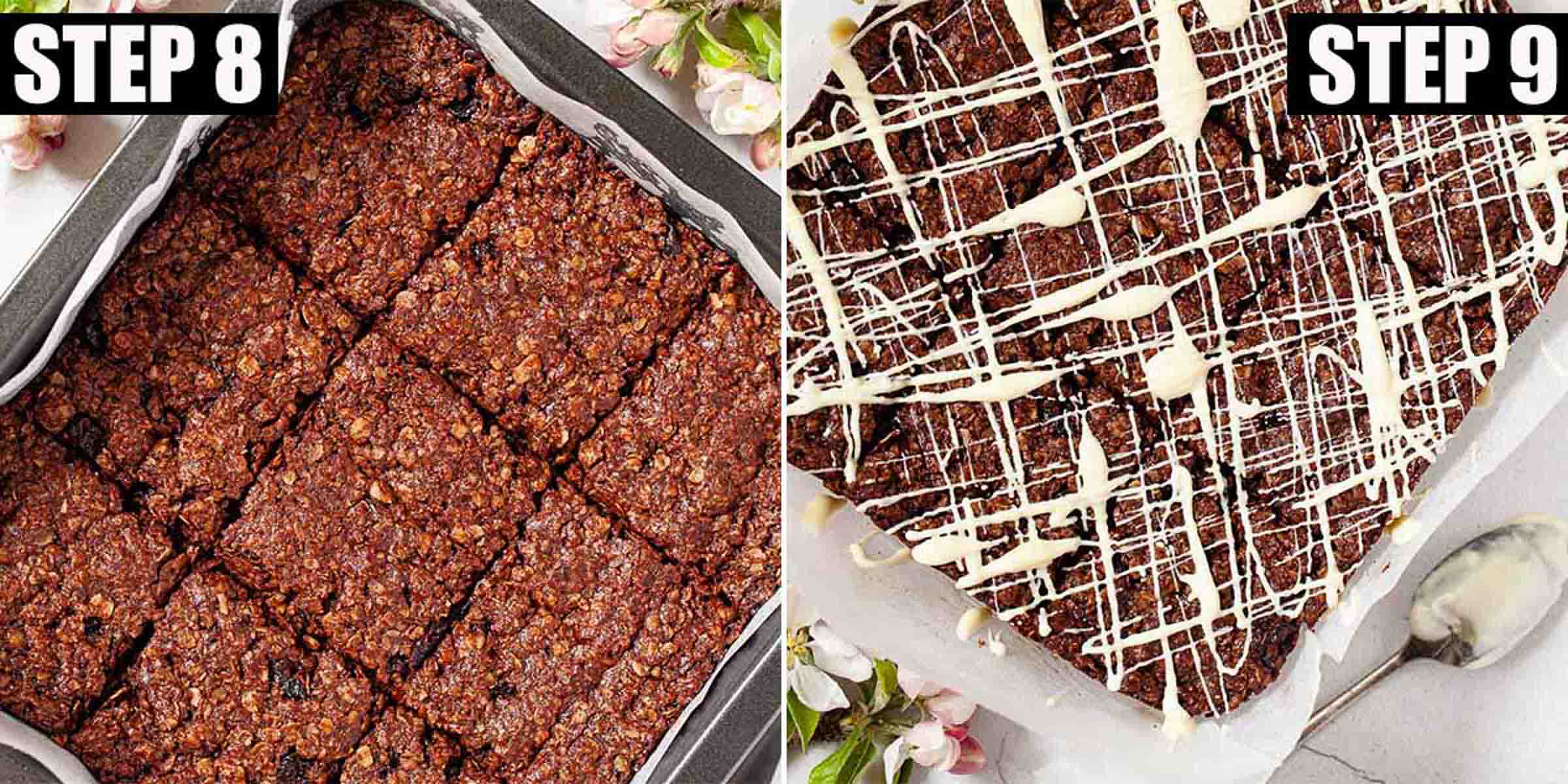 Cocoa flapjacks being cut and decorated with white chocolate drizzle.