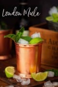 Labeled image of a London Mule cocktail served in a copper mug.