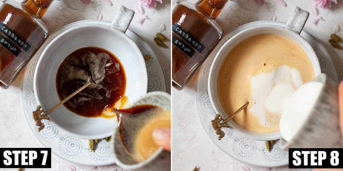 Collage of images showing a dairy-free cardamom coffee drink being poured.