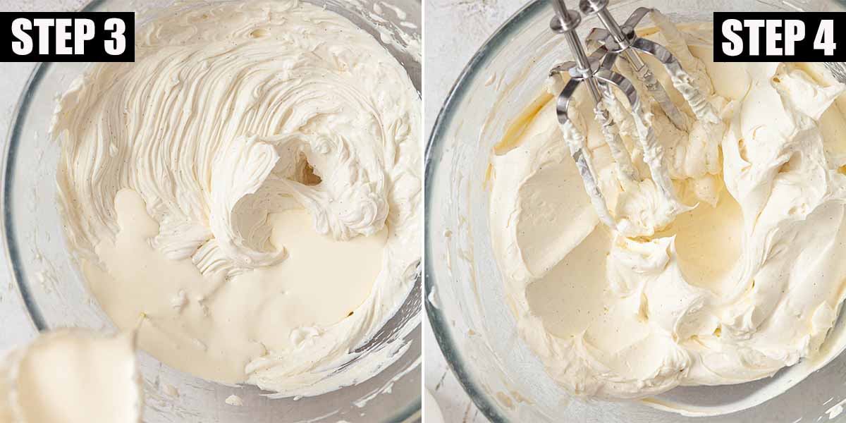 Collage of images showing no bake cheesecake batter being made.