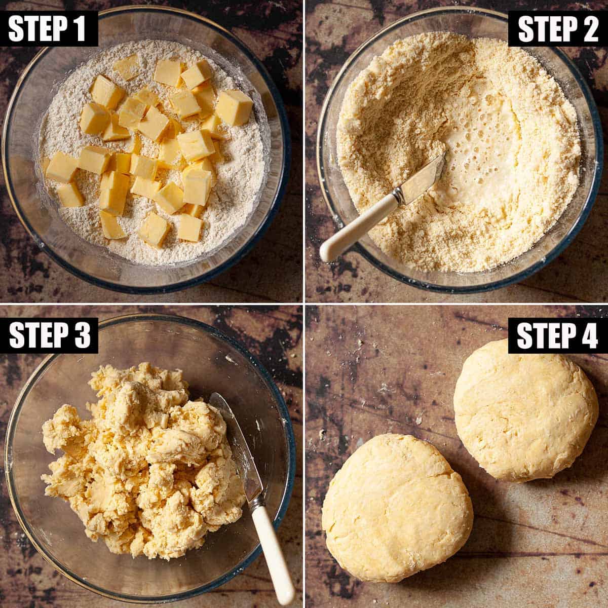 Collage of images showing shortcrust pastry being made.