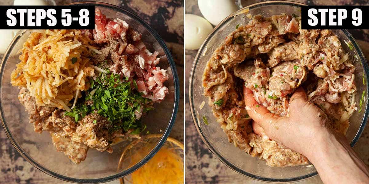 Collage of images showing sausage pie filling being mixed in a bowl.