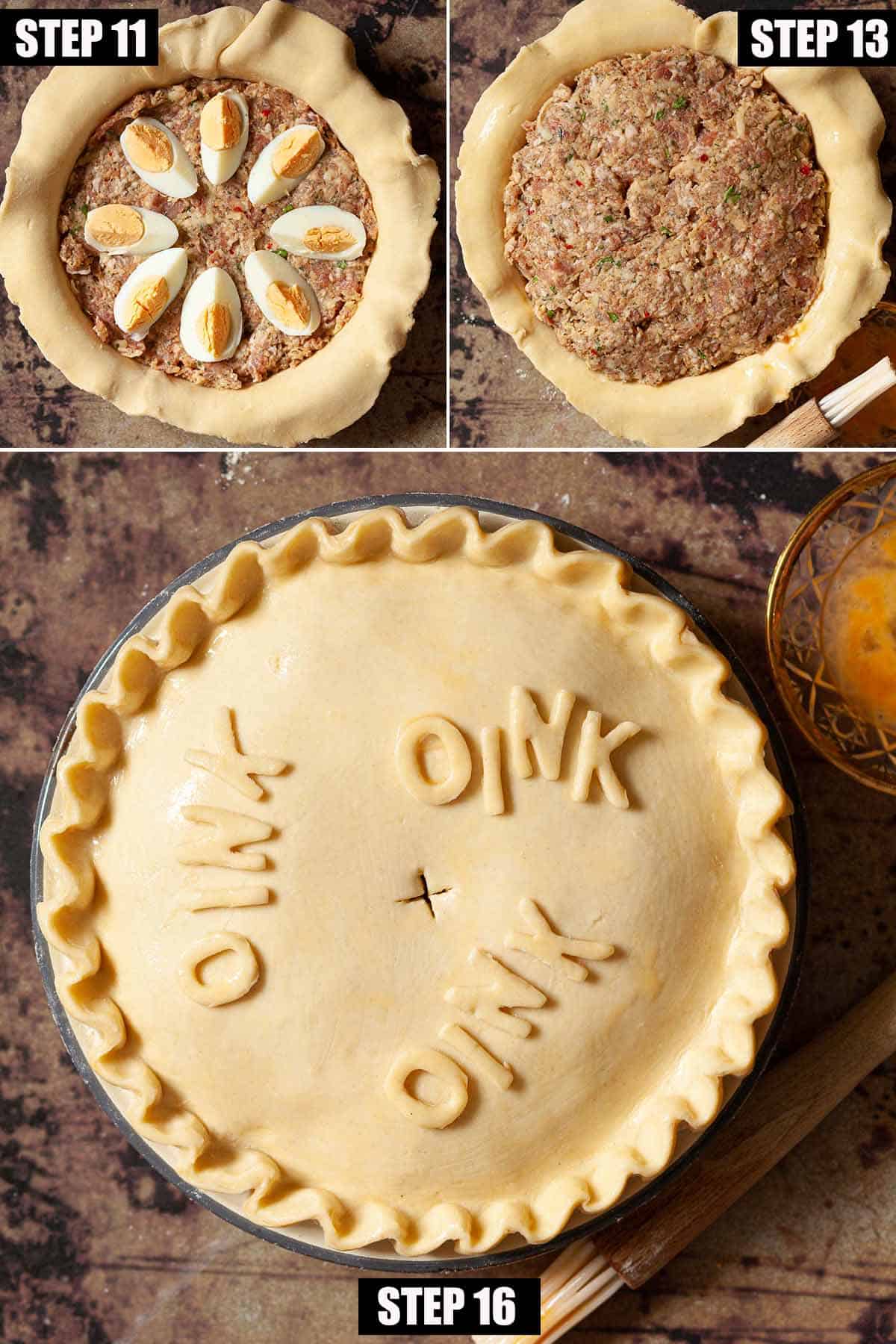 Collage of images showing a sausage and egg pie being assembled.