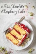 A labelled image of a plated slice of white chocolate and raspberry cake.