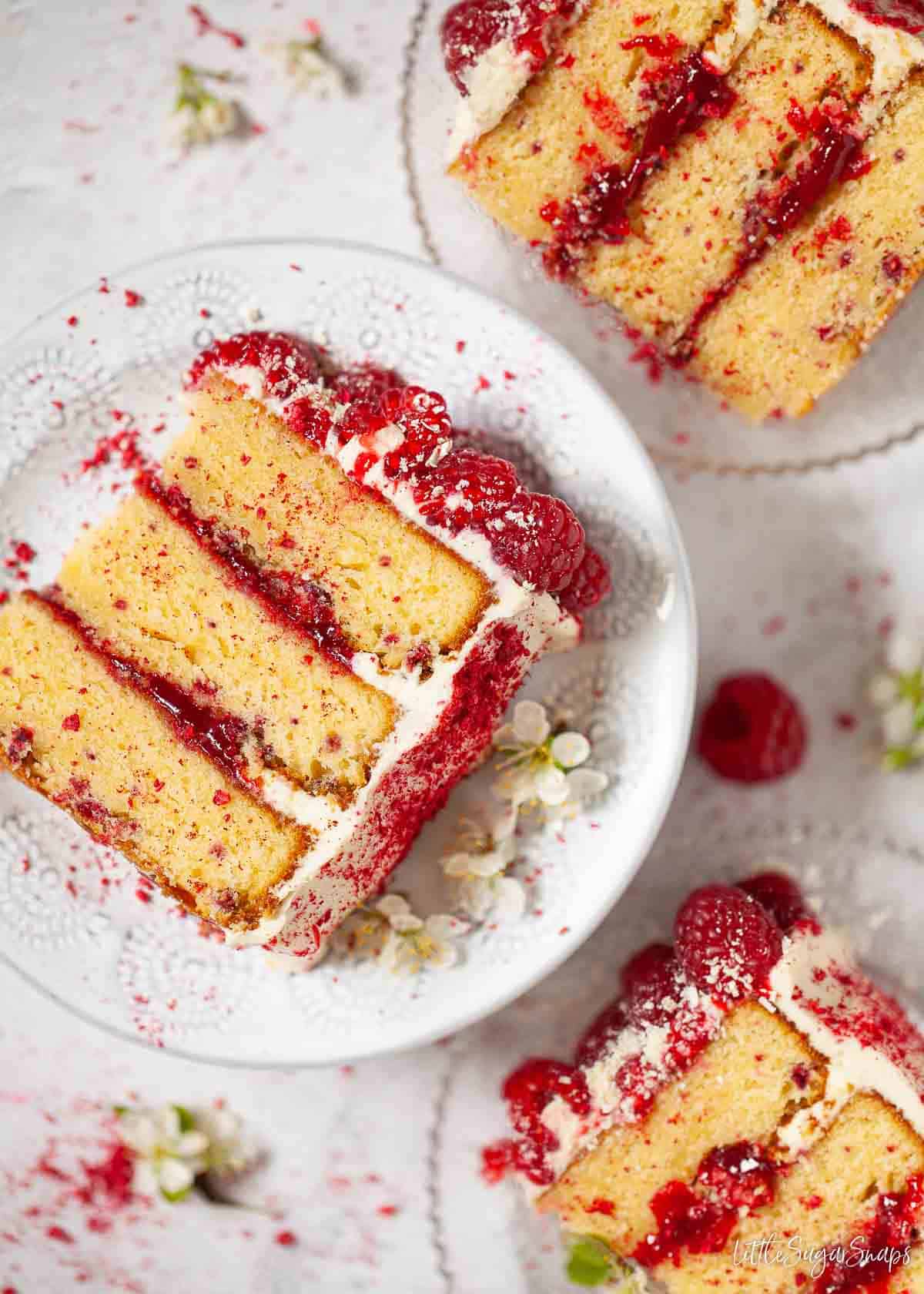 Slices of white chocolate sponge cake with raspberry puree filling and fresh raspberries on the top.