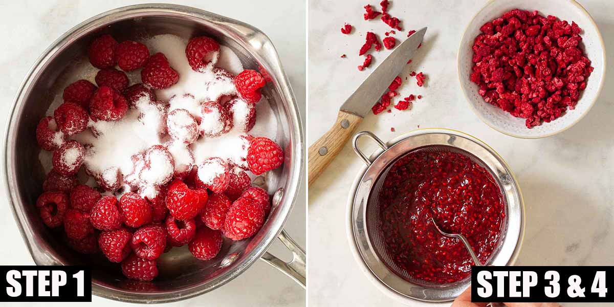 Collage of images showing fruit puree being made and freeze-dried fruit being chopped.