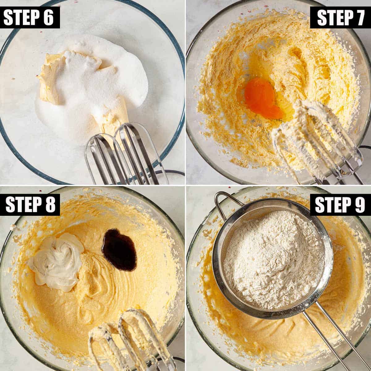 Collage of images showing white chocolate sponge cake batter being made.