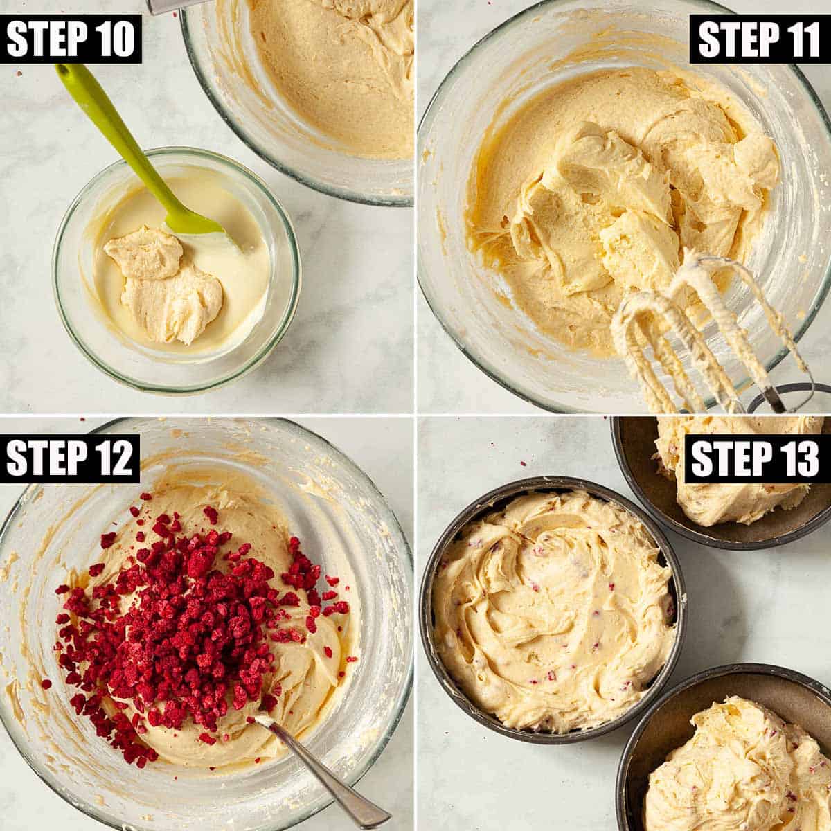 Collage of images showing the batter for a raspberry layer cake being prepared.