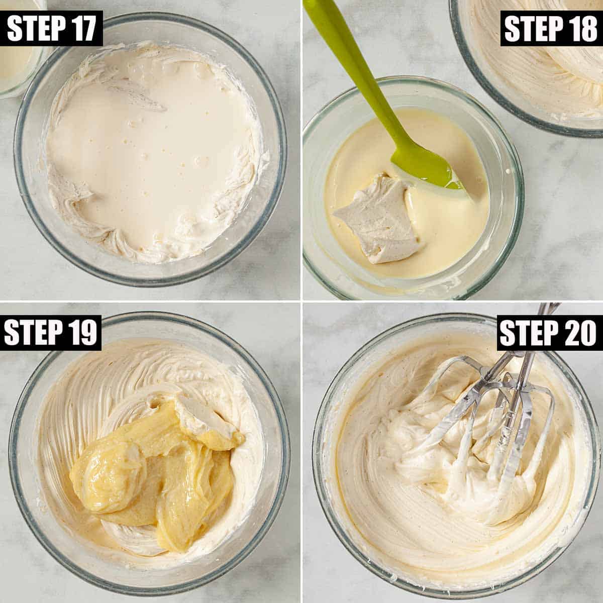 Collage of images showing white chocolate cream cheese frosting being prepared.
